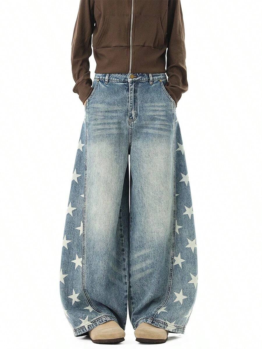 Quần jeans ống loe dáng rộng in hình ngôi sao phong cách retro Mỹ, rách nhẹ. - Màu xanh nhạt - Xem 1