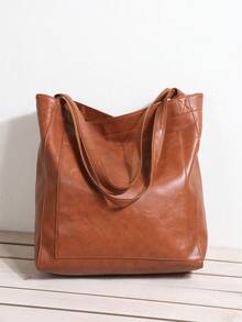 Bolso de tote de gran capacidad, bolso de mano de cuero sintético retro con bolsillo delantero, adecuado para el trabajo y los viajes - Marrón - Ver 8