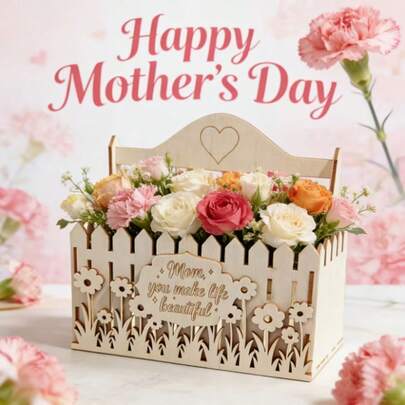 1 Set Mother's Day Wooden Flower Box - Natural Wood Texture Outlines Delicate Contours, Heart-Shaped Handle & Floral Carvings Filled With Heartfelt Sentiments, "Mom, You Make Life So Beautiful", Let Love Bloom In Daily Life. Send This Box For Mother's Day To Deliver Warmth And Goodness Directly To Your Mother.