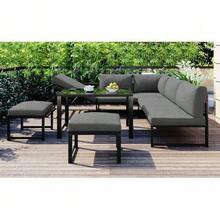 Garden Furniture Set (4-5 Seats), 2 Stackable Coffee Tables, Galvanized Iron Frame, Comfortable Garden Furniture, Grey Seat Cushions And Pillows Included, With Adjustable Legs - 灰色 - 查看 6