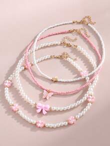 NAIZHU 4 Stücke modischer, süßer Perlenkette-Set mit Schleife, Blume, Herz, geeignet für Mädchen für Alltag, Urlaub, Party - Pink - Übersicht 6