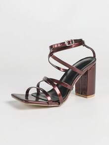 Giày sandal cao gót đế dày mũi vuông dành cho nữ, kiểu dáng tối giản, thoải mái, đa năng, thích hợp cho tiệc tùng, màu đỏ rượu vang. - Màu Đỏ Sâu - Xem 2