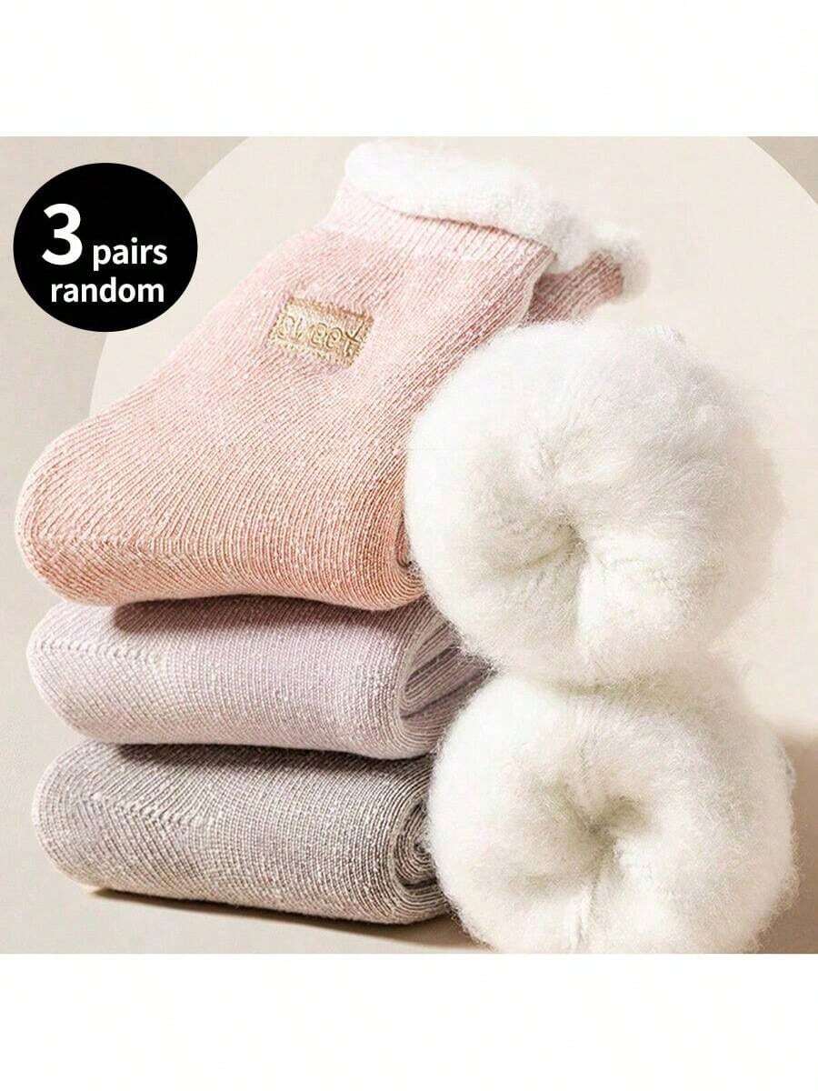 3 Pairs Random Color Women Socks, Thermal Lined Warm Socks, Soft Plush Socks For Sleepwear & Home, Suitable For Autumn/Winter, Cozy - Multicolor - View 1