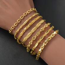 Pulsera de cobre chapada en oro de 18K con múltiples elementos de estilo retro simple para mujer, para uso diario y fiestas, pulsera con diseño de capas, regalo - Dorado - Ver 2