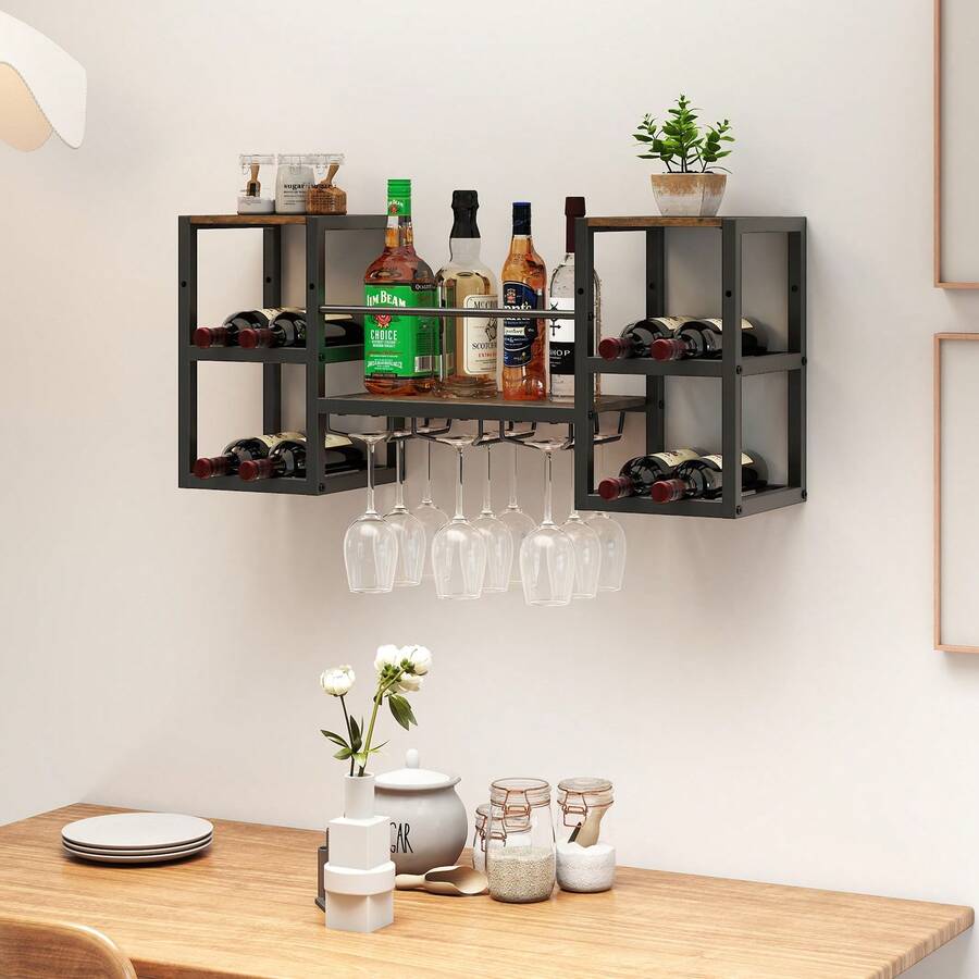 COSTWAY Wall Mounted Wine Rack, Hanging Wine Rack With Glass Holder, Wine Bottles Display Wall Storage With Open Shelves, 3-Tier Heavy-Duty Multi Functional Floating Shelf For Kitchen Bar Dining Room, Brown - Brown - View 1