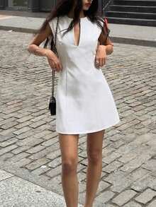 Ashlynn 无袖深V领收腰A字迷你连衣裙，优雅，适合海滩、感恩节、毕业典礼、早午餐等场合，白色 - 白色 - 查看 3