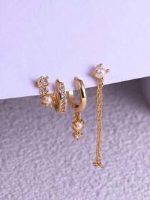 4pcs/Set Fashionable 14K Gold Plated Pearl Earring Set, Cubic Zirconia Embedded, Hypoallergenic, Women Earring Set Suitable For Stacking, Daily Matching, Holiday Jewelry Gift - Gold 4pcs - View 5
