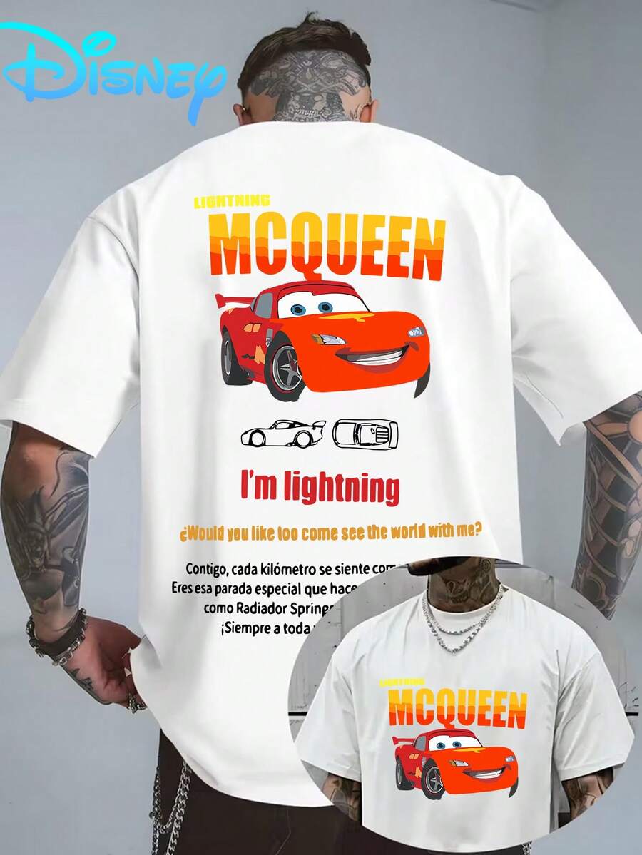 1pc, Disney Men's T-Shirt, Double Print Design Cars Lightning McQueen Cartoon Print, Crew Neck Casual Comfortable Short Sleeve T-Shirt, Breathable And Light, Suitable For Sports And Leisure Wear, Loose T-Shirt, Suitable For Gifts, Suitable For Travel - trắng - Xem 1