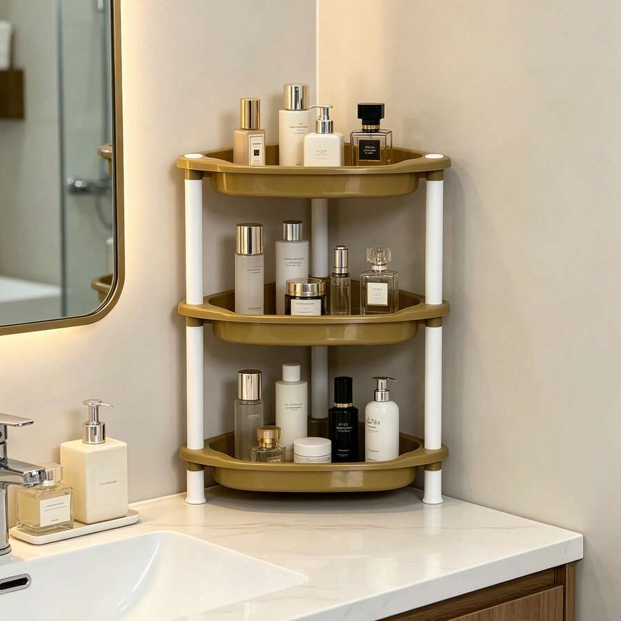 3-Tier Bathroom Corner Shelf, Floor Standing Triangular Storage Rack, Multifunctional Organizer For Bathroom, Kitchen, Laundry Room - Brown - View 1