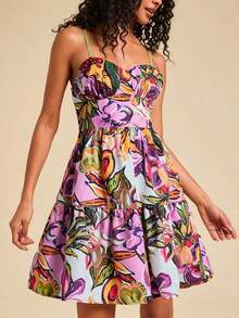 Vestido corto de verano con tirantes de espagueti y estampado de gasa para mujeres - Multicolor 4 - Ver 4