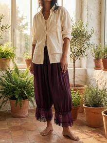 Women Y2K Half Slip Under Dress Pettipants Mid Rise Lace Patchwork Bloomers Trousers Ruffle Pantaloons Cropped Flared Pants Cute Pumpkin Long Pants - Burgundy - View 3