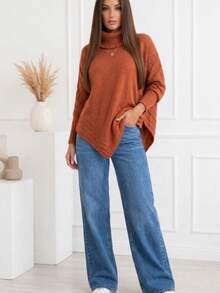 Women's Knitted Blouse With High Neck, Poncho Style, Comfortable And Modern, For Cold Weather. - Terracotta - View 2