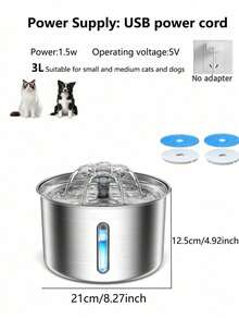 2000ml/67,64oz/0,528gal Dispensador de agua para mascotas de acero inoxidable, alimentador de agua automático para gatos y perros con alimentación USB y bandeja a prueba de salpicaduras, funcionamiento silencioso, aumenta la ingesta de agua - sin batería requerida, adecuado para mascotas medianas y pequeñas - 3L - Ver 10