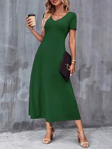 Women's Green Boho V Neck Short Sleeve A-Line Midi Dress Breathable Tropical Vacation Dress - Green - View 4