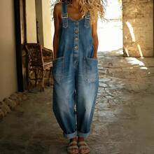 Fashionable Retro Distressed Loose-Fitting Women's Casual Denim Jumpsuit With Adjustable Buckles - Màu xanh lam - Xem 3