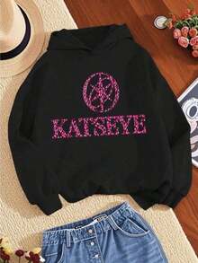 Pink KATSEYE Logo Women Hooded Sweatshirt - Long Sleeve Casual Sweater With Iconic K Logo, Warm Winter & Playwear, Easy-Care Letter Print Sweater ( & Sizes, Hand Wash/Dry Clean),Women Clothes, Women's Tops, Tops For Women, Tops, Baggy Shirts,Festival Outfits, All Season Wear - 黑色 - 查看 12