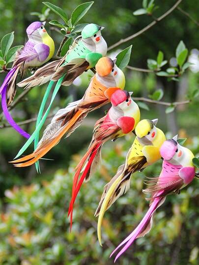 6/12pcs Clip On Artificial Simulation Foam Birds Feather Long Tail Feather Fake Birds For Craft Home Ornaments Garden Wedding Decoration Embellishing, Balcony Decor, Yard Ornaments