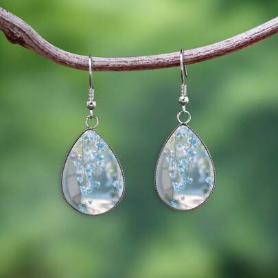 1 Pair Light Blue Floral Pendant Earrings With 316 Stainless Steel Water Drop Hooks, Cute Minimalist Style Suitable For Women's Daily Wear And Gifts, Elegant Minimalist Jewelry Earrings Suitable For Women's Daily And Holiday Wear