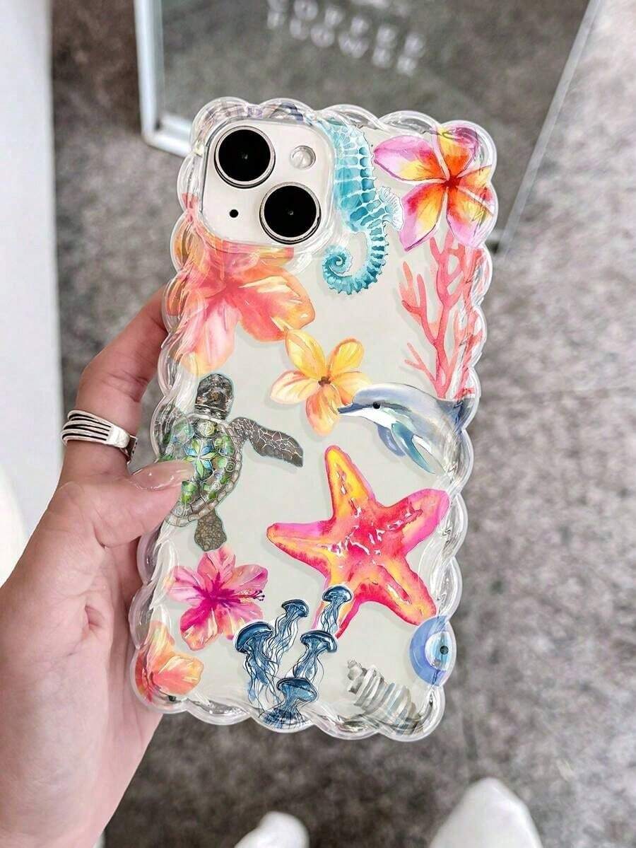 1pc Ocean Elements Starfish, Sea Turtle, Jellyfish, Hibiscus, Coral, Dolphin Pattern Anti-Slip Transparent Airbag Phone Case Compatible With IPhone 11/12/13/14/15/16 Pro Max - 1pc - 查看 1
