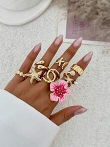 6pcs Exaggerated Ocean Elements Shell, Fan Conch, Starfish Design Rings, Vintage Bohemian Faux Pearl Decor Alloy Adjustable Rings Set, Personalized Unique Design For Women Daily & Holiday Wear - Starfish Ring - View 5