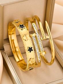 3pcs/Set INS Style Silver Nail & Zirconia Bangle, Titanium Steel Non-Fading Jewelry For Daily Stacking - Gold - View 2