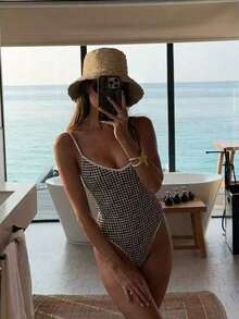 女士黑白格子吊带连体泳衣，复古风格滚边，一体式泳衣套装，适合海滩、夏季、春季穿着，2026年春季款，女士生日装、健身服、优雅连衣裙、度假装、休闲上衣 - 黑與白 - 查看 2