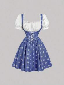 MOD Vestido vintage azul con cuadros y parches, con mangas abullonadas y lazo cruzado - Perfecto para vacaciones, citas, picnics, fiestas, bailes de graduación, festivales y cumpleaños - Azul y blanco 2 - Ver 5