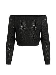 Phong cách Y2K, Áo croptop dệt kim trễ vai cá tính, Áo len dài tay croptop khoét rỗng đẹp mắt & Trang phục đi chơi - màu đen - Xem 9