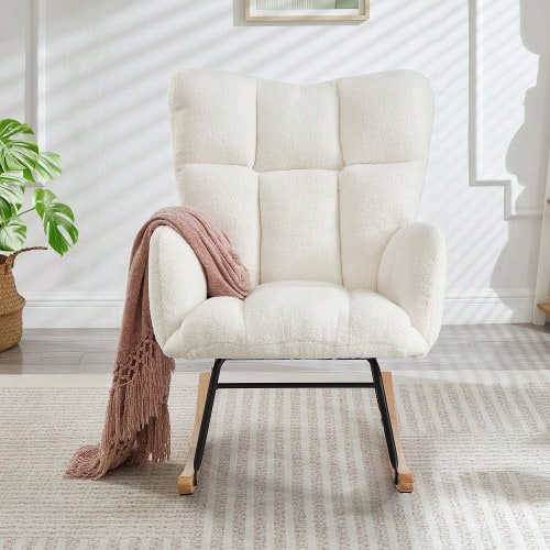 Modern Rocking Chair 69*89*101 Cm – Versatile Recliner For Living Room, Bedroom, Office, Children's Room & Balcony, Stylish Chair With Wooden Base & Metal Frame, Scandinavian Design - White - 查看 1