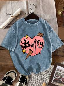 Plus-Size Buffy Pattern Printed Round-Neck Short-Sleeve Everyday Washed T-Shirt Top, Versatile For Daily Wear, Summer Women's Short-Sleeve, High - 藍色 - 查看 1