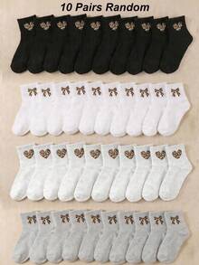 10/20 Pairs Random Crew Socks, Children's Socks, Leopard Print Heart Design Socks, Comfortable Breathable Soft, Student Socks, Suitable Daily Wear - Multicolor - View 15