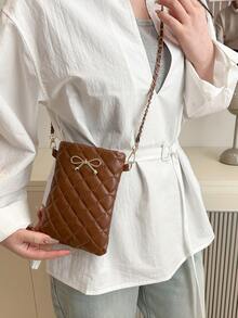 Mini Fashion Solid Color Quilted Small Bag With Diamond Grid Bow Hardware Decoration Chain Crossbody Bag, Suitable For Shopping, Wallet, Shopping, Young Women, College Students, Newcomers, And White Collars. They Are Very Suitable For Offices, Universities, Work, Business, Commuting, Outdoor Activities, Travel, And Outings - Brown - View 4