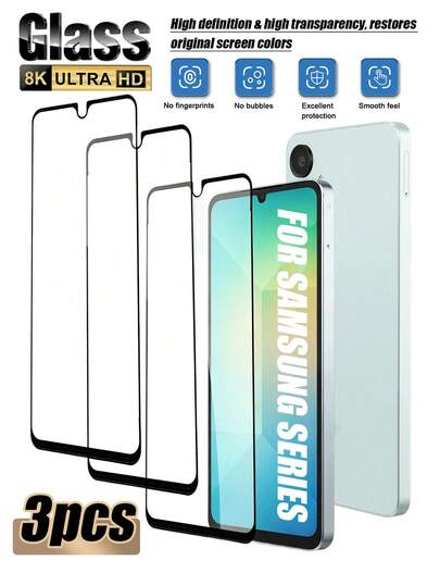 3片装钢化玻璃屏幕保护膜，兼容三星Galaxy S20FE/S21FE/S23FE/S24FE/A02/A02S/A03/A03S/A06/A12 4G/5G/A13 4G/5G/A14 5G/A15/A16/A21/A21S/A22/A23/A24/A25/A26/A30/A31/A32/A33/A34/A35/A36/A50/A51/A52/A53/A54/A55/A56/A70/S21/S22/S23/S24/S25系列。丝网印刷高清钢化玻璃膜，防指纹，自吸附，无气泡，防水，防摔，防刮花
