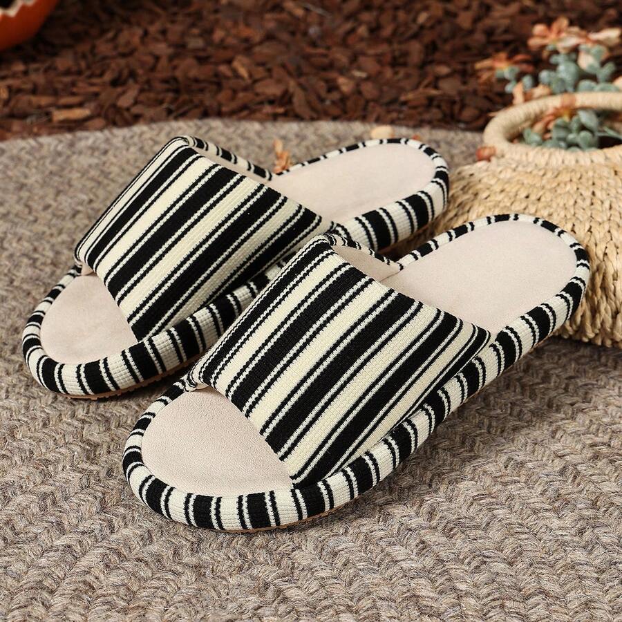 2026 New Women's Striped Strap Flat Slippers, Casual Style, Knitted Fabric Open Toe Slides - Black - View 1