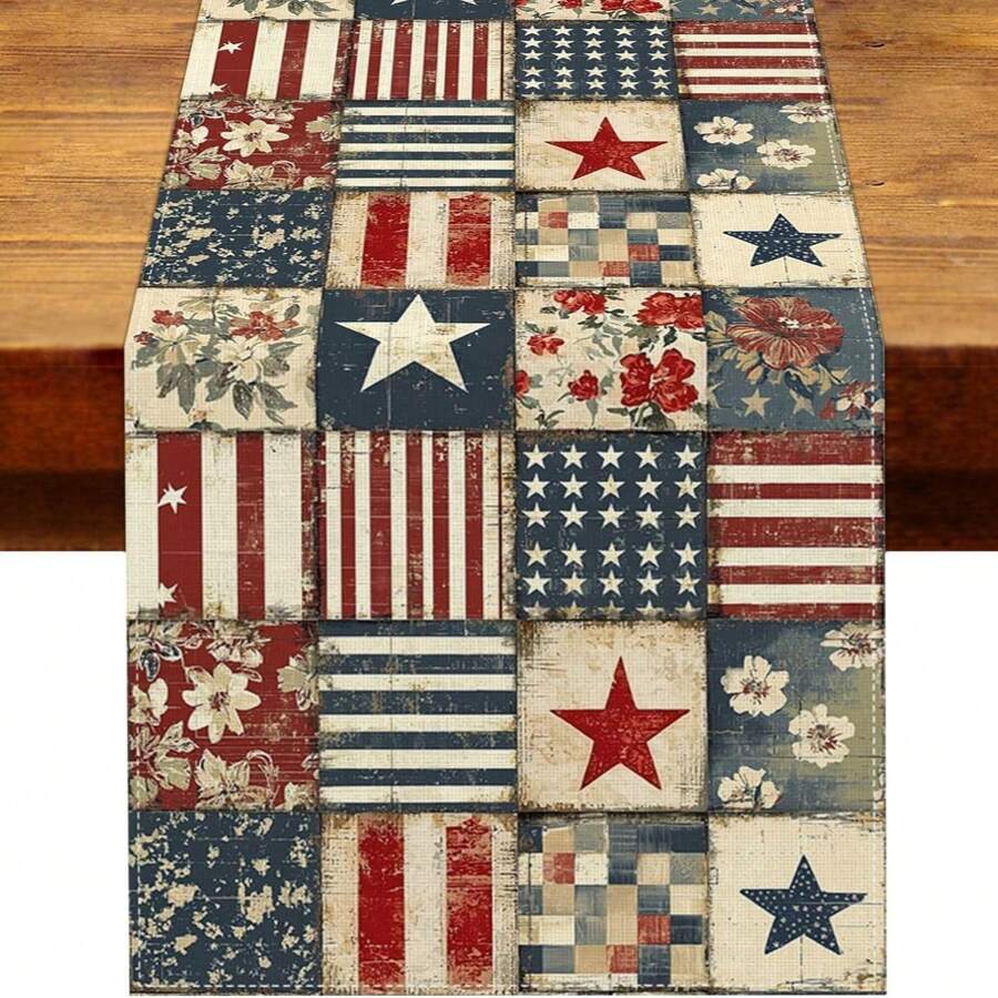 1pc Vintage 4th Of July Independence Day Table Runner, Retro Patchwork Design, Celebrating 250th Anniversary Of American Independence, Patriotic Home Kitchen Tabletop Decor - Multicolor - View 1