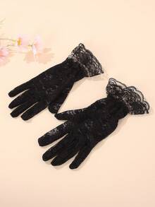 1 Pair Black Lace Gloves Suitable For Teenage Girls, Elegant Sheer Mesh Gloves With Bow Tie, Multiple Styles Suitable For Weddings, Parties, Halloween And Vintage Outfits - Black - View 10