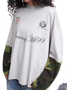 MT99 Faux Two-Piece Printed Mandarin Collar Long Sleeve T-Shirt, Couple Matching - Light Grey - View 4