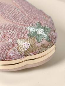 優雅亮面粉色貝殼造型花卉葉片刺繡亮片手拿包晚宴包，附可拆卸復古鏈條肩帶，迷你創意盒型小包；適合派對、大學生、職場女性、婚禮、舞會正式場合，花卉圖案隨機發貨 - 粉色 - 查看 8