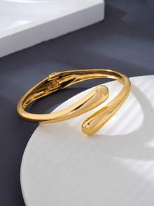 Set de 3 piezas de brazaletes geométricos asimétricos con estampado de piel de serpiente en tono dorado, adecuado para mujeres, de metal sólido y aleación de zinc - Amarillo Oro - Ver 9