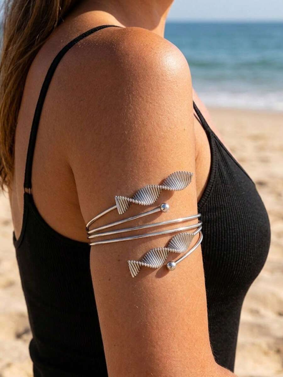 1 chiếc vòng tay kiểu Bohemian họa tiết sóng, thép không gỉ mạ vàng 18K, phụ kiện mang đến không khí nghỉ dưỡng biển và lễ hội âm nhạc. - Bạc - Xem 1