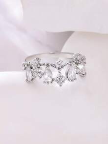 1 pieza Anillo de mujer con gota de cristal de zirconia sintética brillante y creativo de moda, adecuado para regalo de cumpleaños, regalo festivo, regalo del Día de San Valentín, uso diario, fiesta y banquete - Plateado - Ver 3