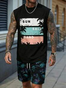 Bộ áo tank top không tay in hình cây cọ dành cho nam giới mùa hè. - Nhiều màu - Xem 2