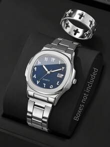 2pcs/Set Men's Gift Watch With Classic Square Arabic Numeral Dial Calendar, Casual Quartz Wristwatch + Cross Ring (Watch Box Not Included) - Silver - View 11