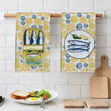 2 st. supermjuka mikrofiberkökshanddukar med tryck av citron och sardiner, 40*60 cm rektangulära, lämpliga för kök, badrum, inflyttningspresent, högt värde - Gul - Visa 6