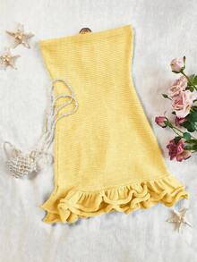 Gaun Mini Rajut Tanpa Tali Warna Polos untuk Wanita, Desain Belahan Depan, Gesper Logam Asimetris, Siluet Bodycon, Hem Berumbai Seksi, Busana Musim Panas yang Elegan - Kuning - View 7