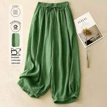 Comfortable Casual High Waist Elastic Linen Drape Pants, Suitable For Autumn & Summer - Green - View 2