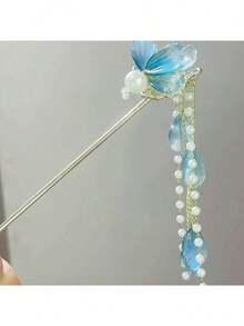 Antique Style Blue Flower Hairpin With A High-End Feel, New Chinese Style Faux Pearl Tassel Step Rocking Women's Hair Accessories, Hairpins, Headpieces, Hairpins - Nhiều màu - Xem 8