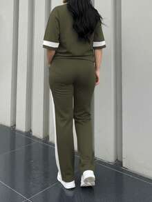 Women's New Round Neck Short Sleeve T-Shirt And Elastic Waist Loose Pants 2 Pieces Set, Suitable For Spring, Summer And Autumn Elegant - Army Green - View 5