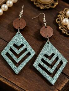 1 Đôi bông tai hình mũi tên rỗng màu xanh lá cây kiểu Bohemian, bông tai hình tròn bằng gỗ đính kim cương kiểu cao bồi miền Tây. - Màu xanh Bạc hà - Xem 4