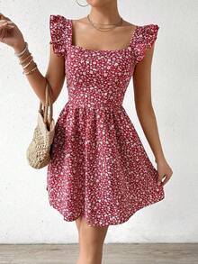 Vestido de estilo bohemio con estampado floral y mangas cortas para vacaciones y atuendo de playa - Rojo - Ver 5